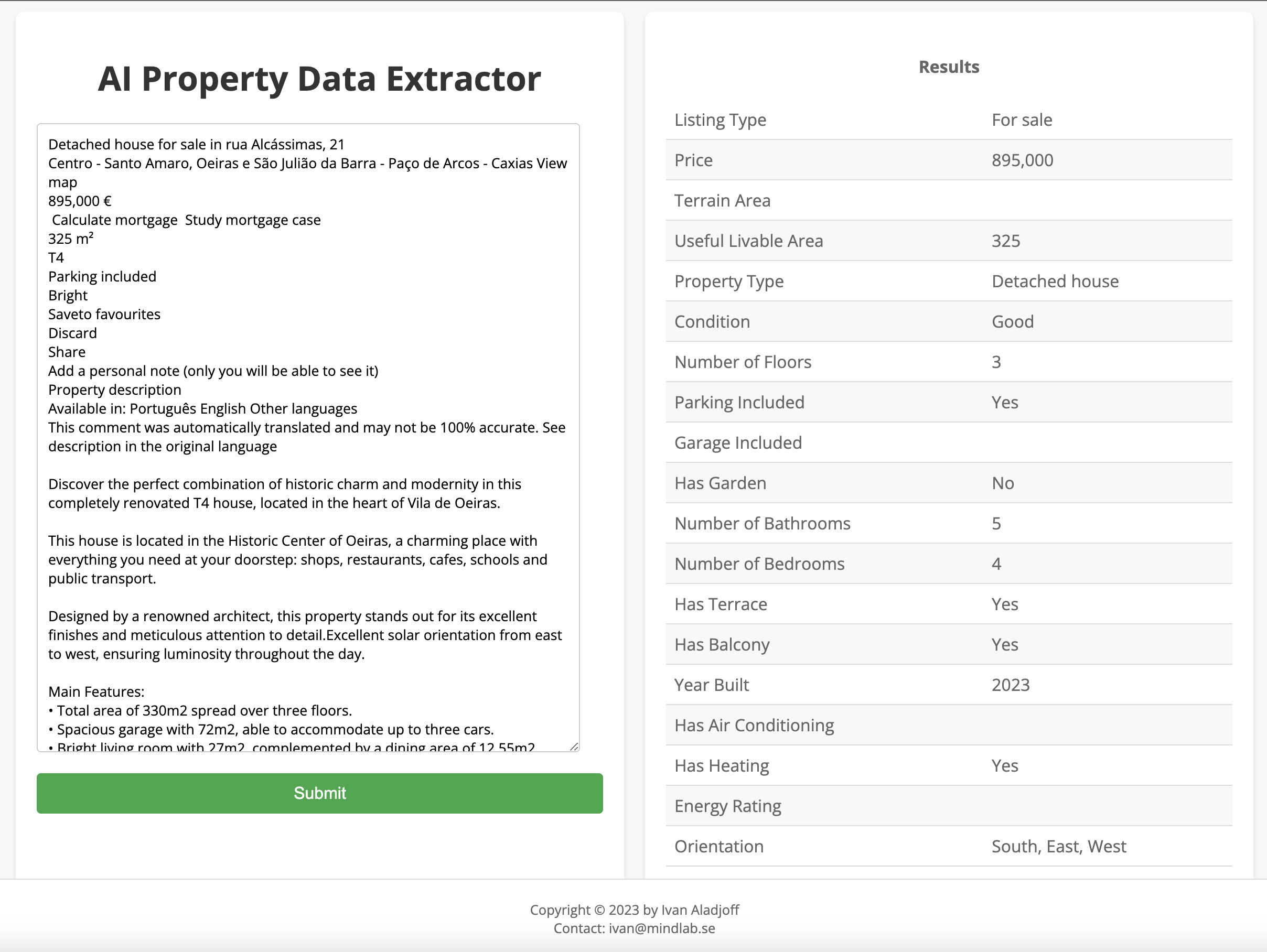 AI Property Data Extractor sample output